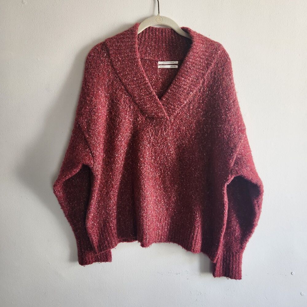 Anthropologie Frances Shimmer Cropped Sweater Red Motif Cabernet M‎ V neck layer - Picture 2 of 9